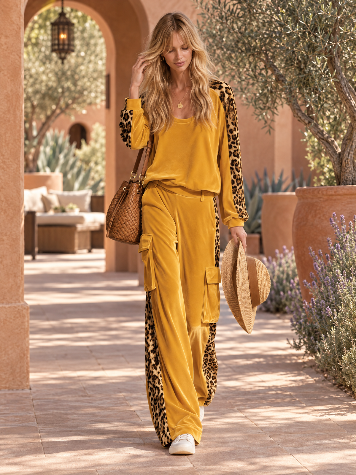 Retro Chic Yellow Leopard Print Velvet Top & Wide-Leg Pants Set