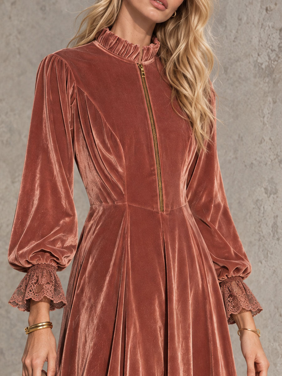Vintage-style Elegant Rust Pink Ruffled Stand Collar Zipper Lace Cuffs Velvet Midi Dress