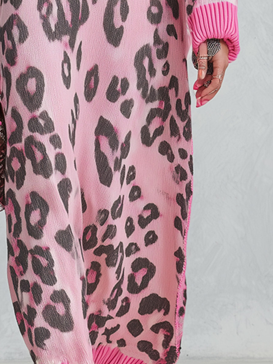 Stylish Loose-Fit Pink Leopard-Print V-Neck Knitted Maxi Dress