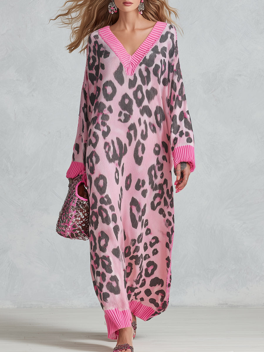 Stylish Loose-Fit Pink Leopard-Print V-Neck Knitted Maxi Dress