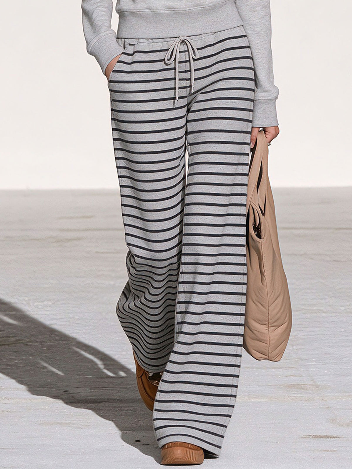 Casual Sporty Striped Light Gray Sweatshirt And Pants Set