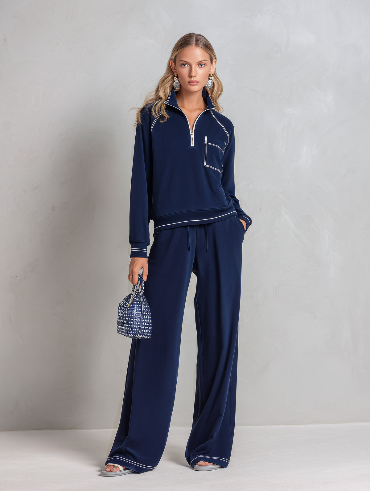 Classic Sporty Trimmed Deep Blue Cotton Sweatshirt And Wide-Leg Pants Set