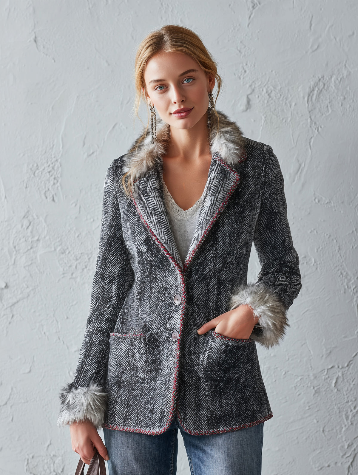 Classic Faux-Raw-Edge Grey Herringbone Wool-Blend Blazer