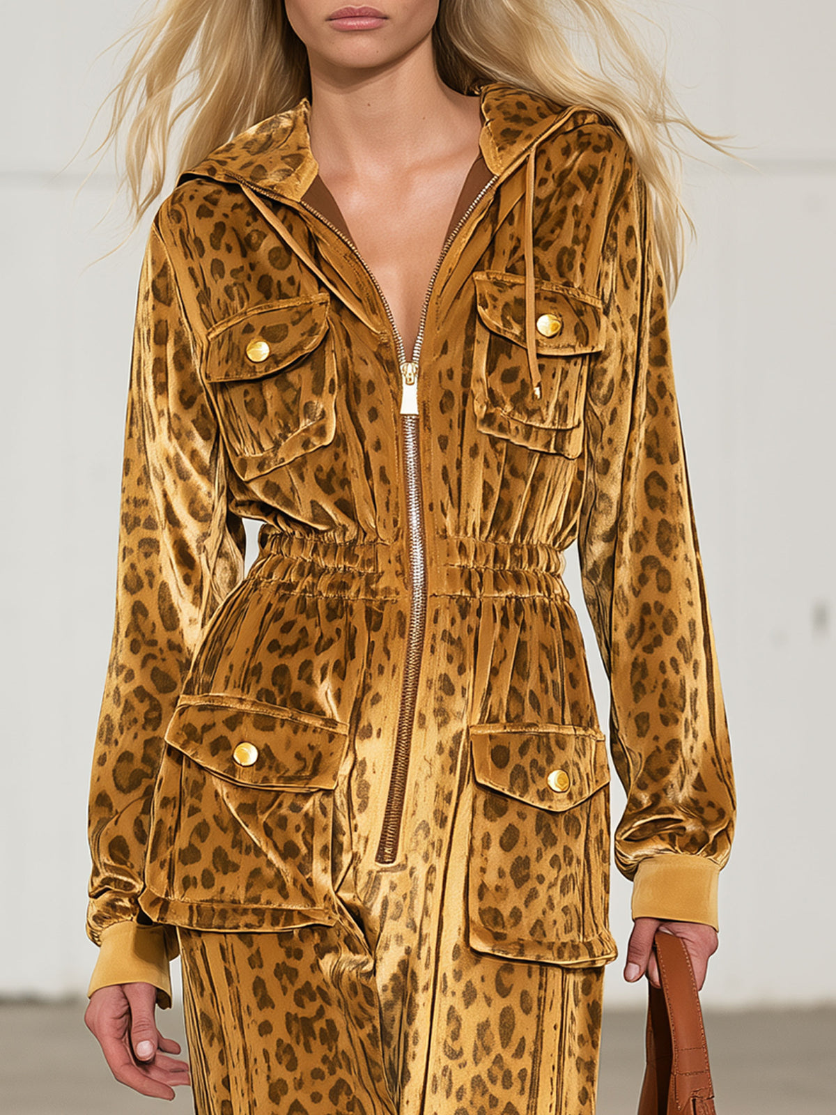Casual Retro Zip-up Striped Leopard Print Gold Velvet Hooded Jumpsuit