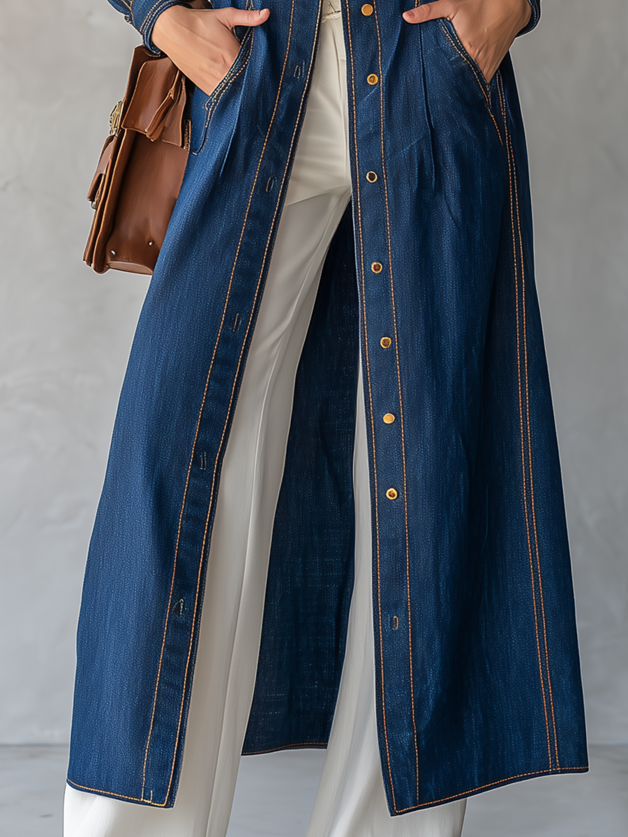 Belted Indigo Denim Duster Coat With Contrast Stitching