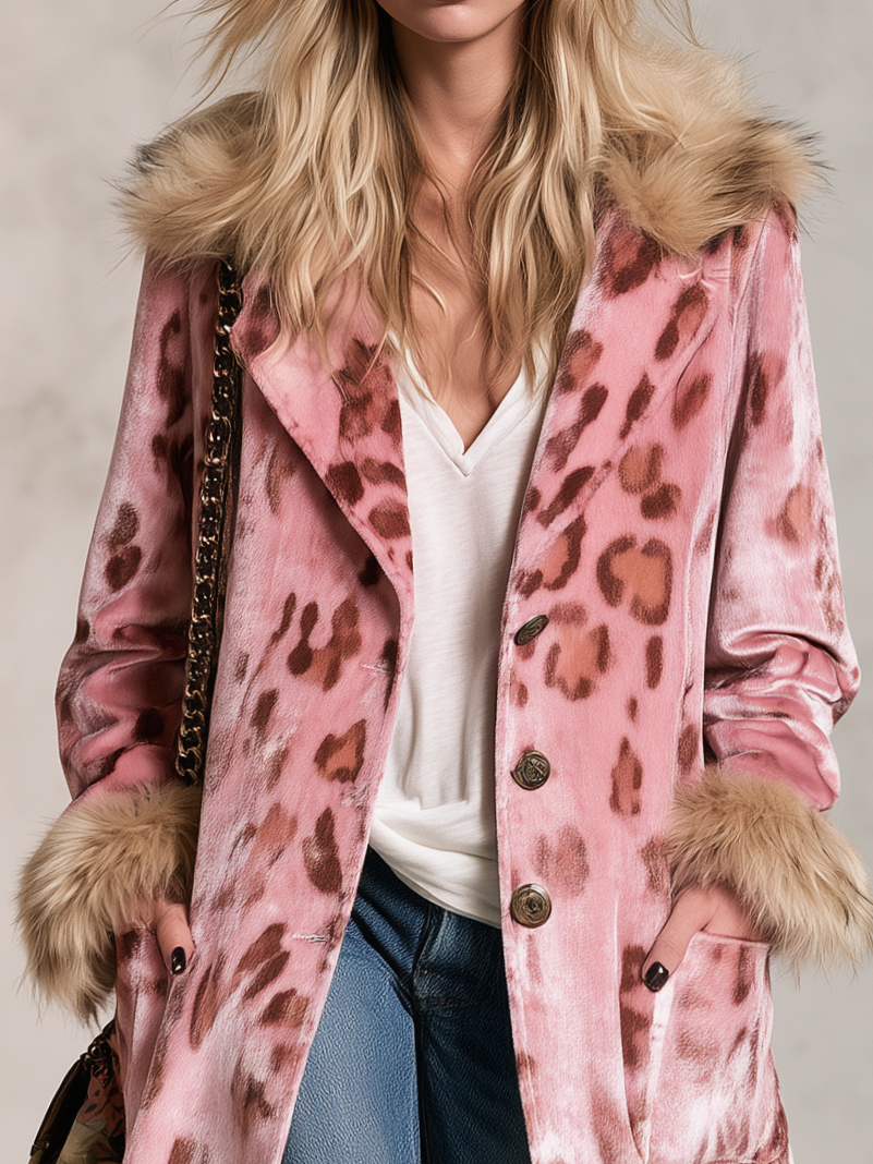 Retro Elegant Pink Leopard Velvet Faux Fur Trim Longline Coat