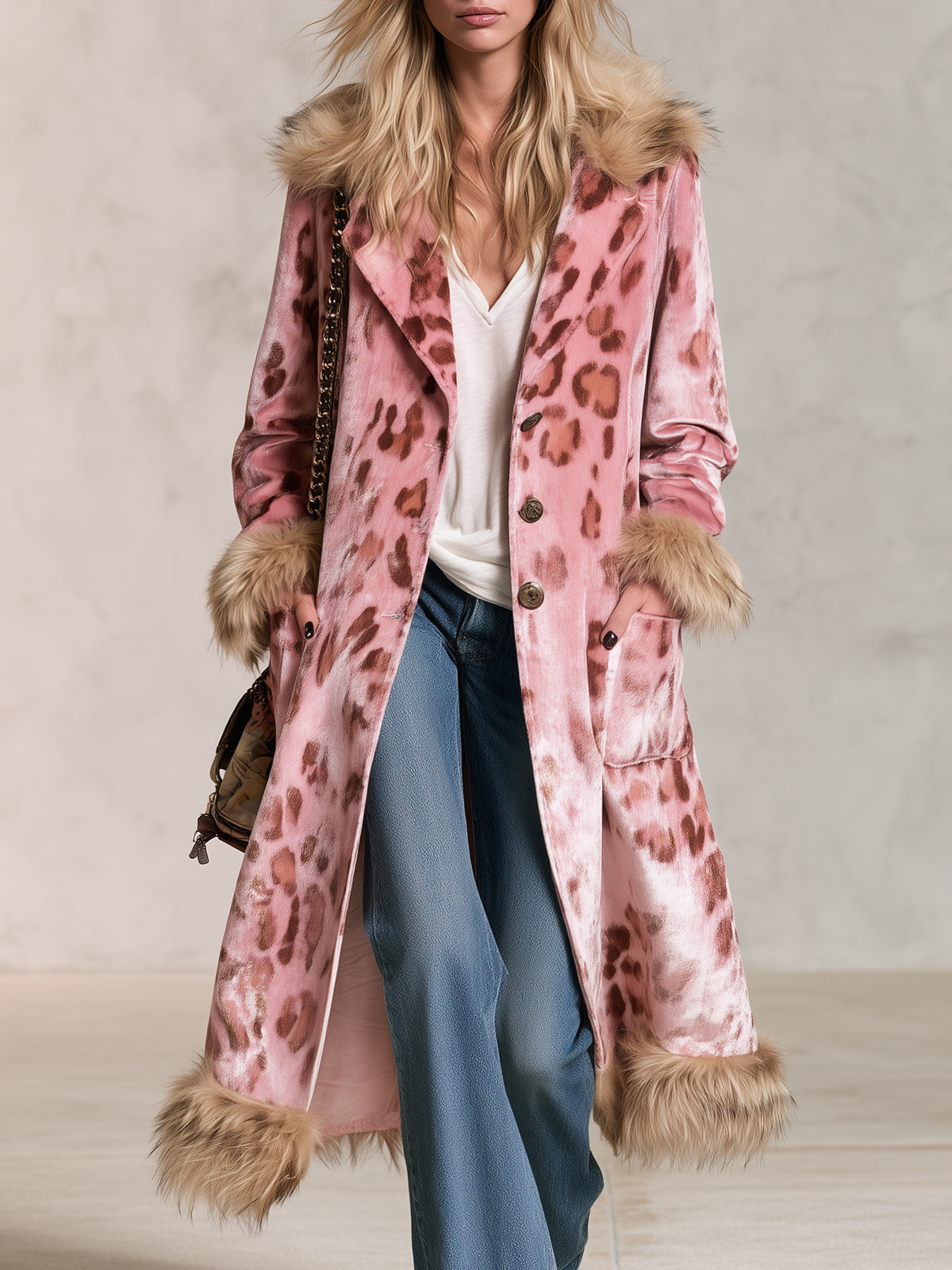 Retro Elegant Pink Leopard Velvet Faux Fur Trim Longline Coat