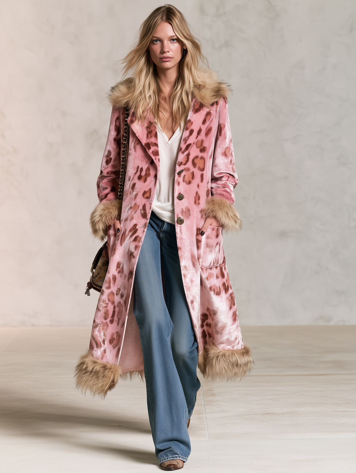 Retro Elegant Pink Leopard Velvet Faux Fur Trim Longline Coat