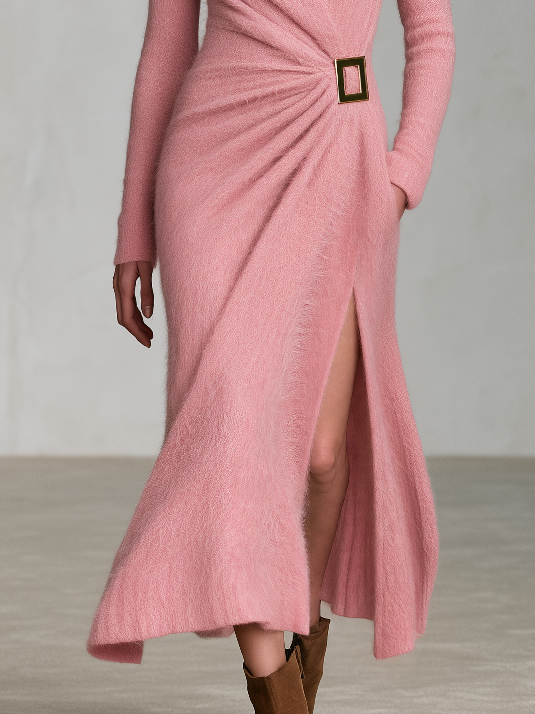 Retro Elegant Dusty Pink Mohair Wrap Gold Buckle Side Slit Midi Dress