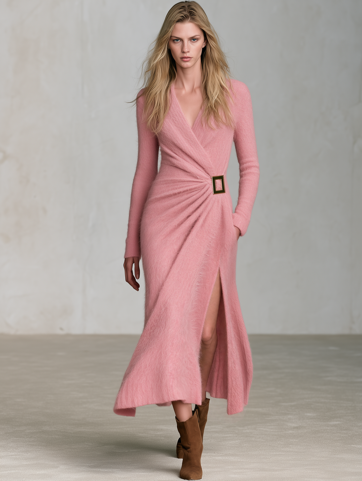 Retro Elegant Dusty Pink Mohair Wrap Gold Buckle Side Slit Midi Dress