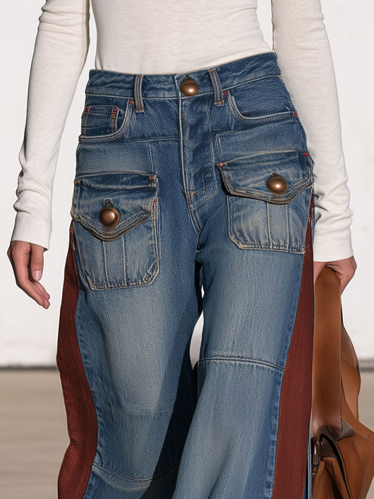 Casual Retro Faded Red And Blue Workwear Jeans