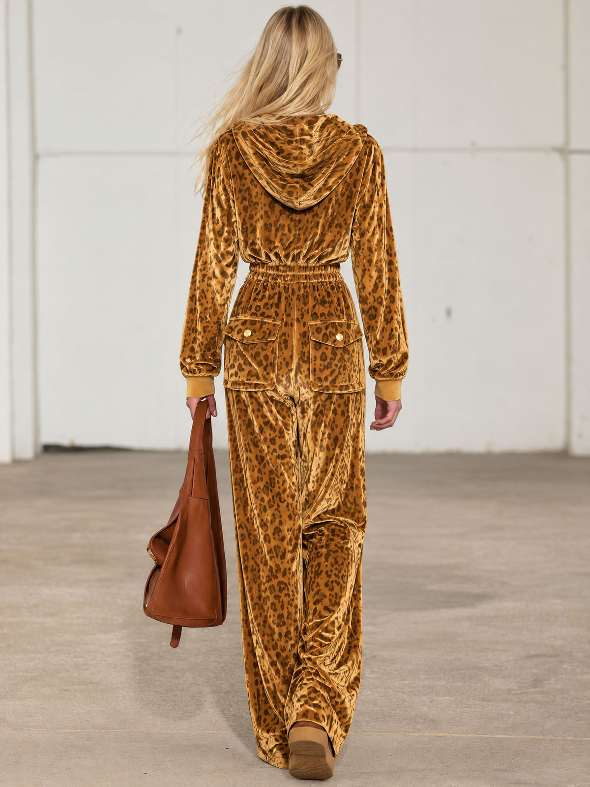 Casual Retro Zip-up Striped Leopard Print Gold Velvet Hooded Jumpsuit