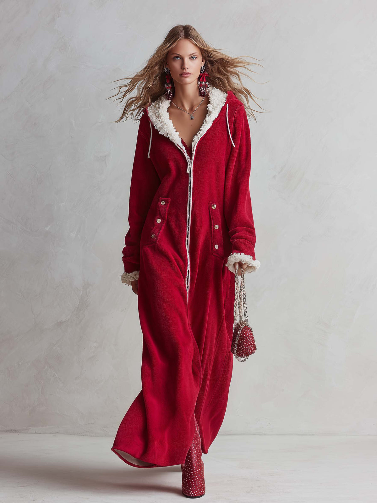 Cozy Retro Red Sherpa Trim Hooded Zip-Up Fleece Hoodie Maxi Dress