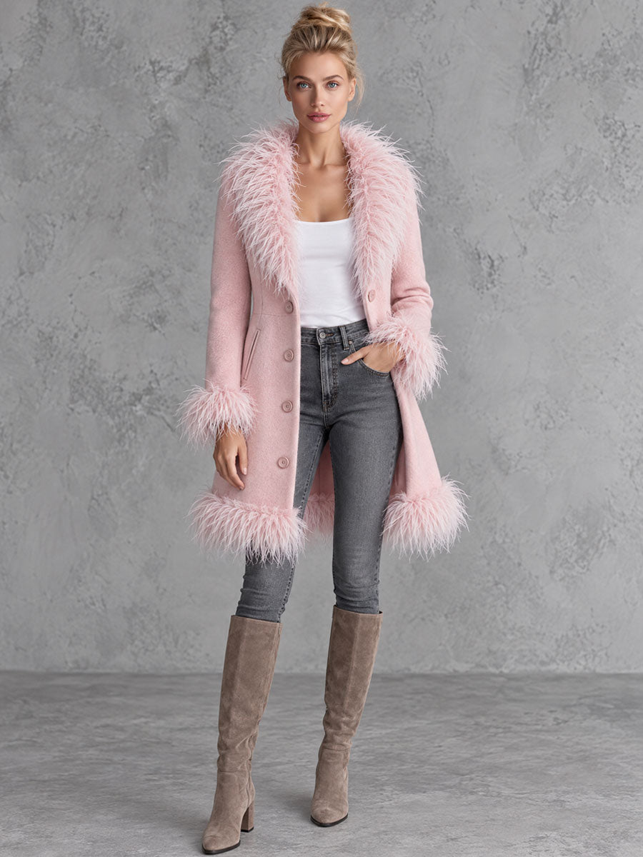 Retro Chic And Elegant Faux Frayed Pink Wool Blend Coat