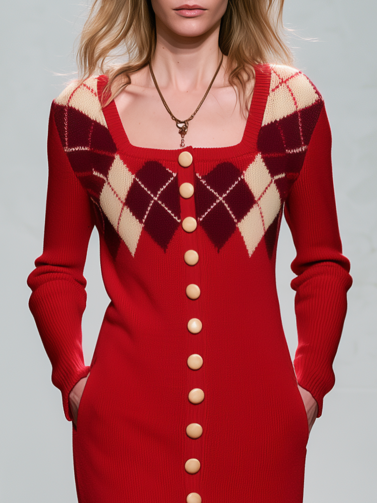 Vintage Elegant Red Plaid Wool Blend Knit Maxi Dress