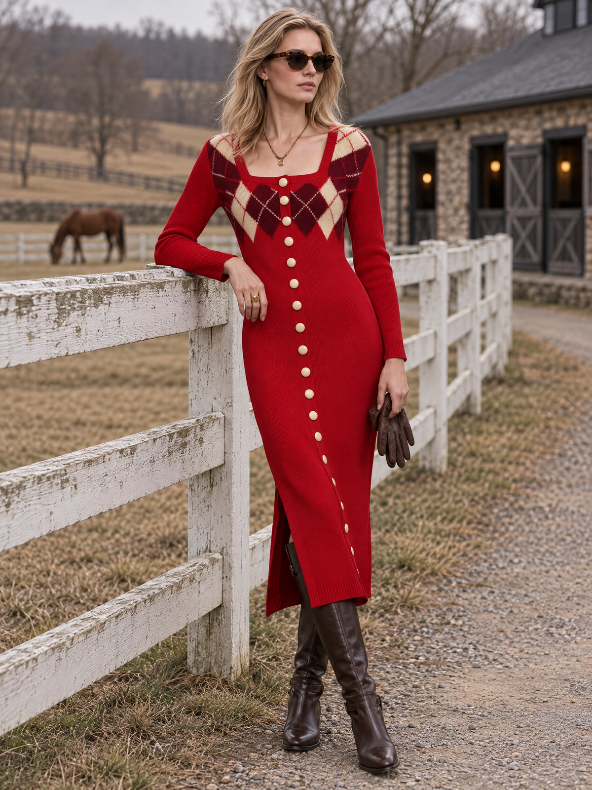 Vintage Elegant Red Plaid Wool Blend Knit Maxi Dress