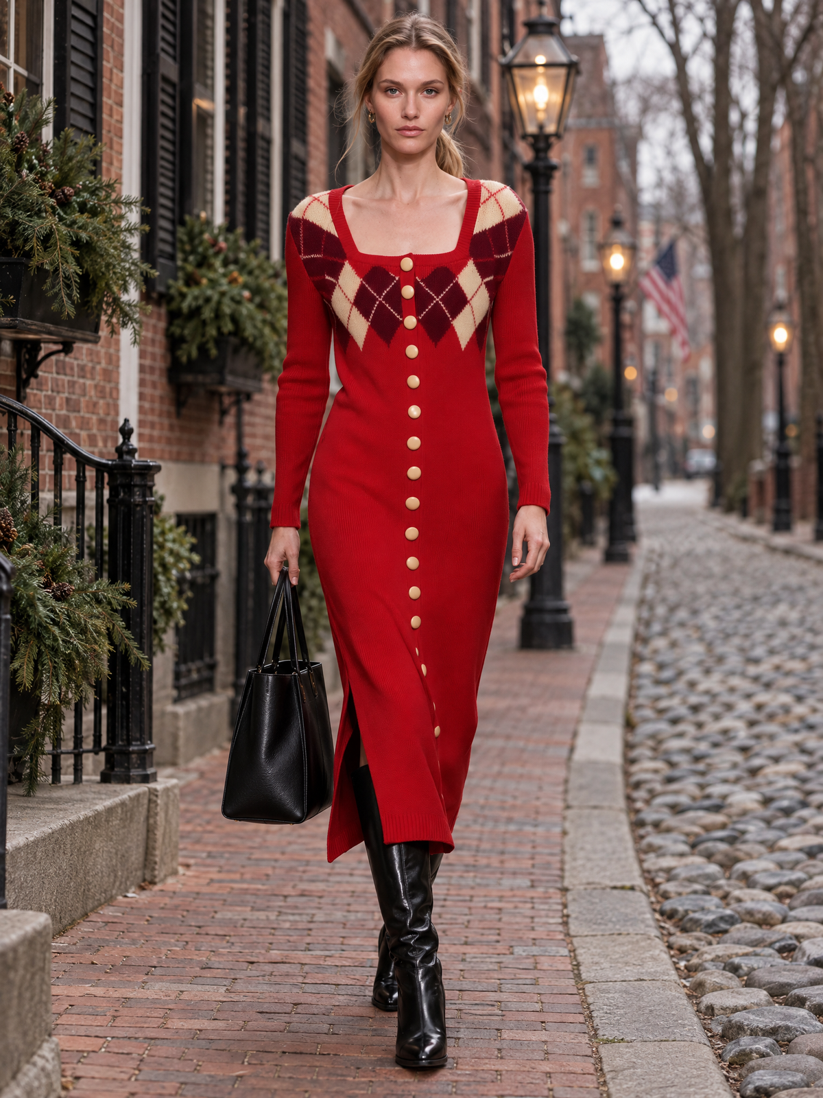Vintage Elegant Red Plaid Wool Blend Knit Maxi Dress
