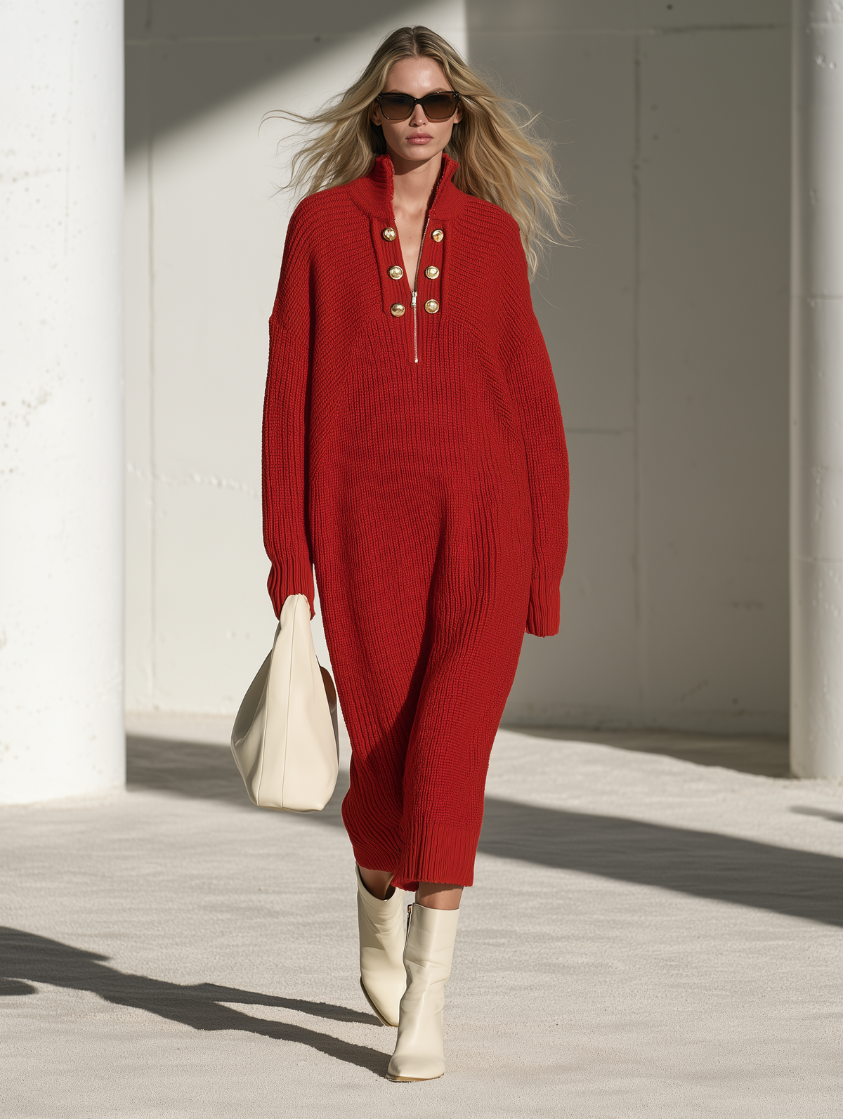 Fashionable Retro Gold Button Half-zip Red Knit Midi Dress