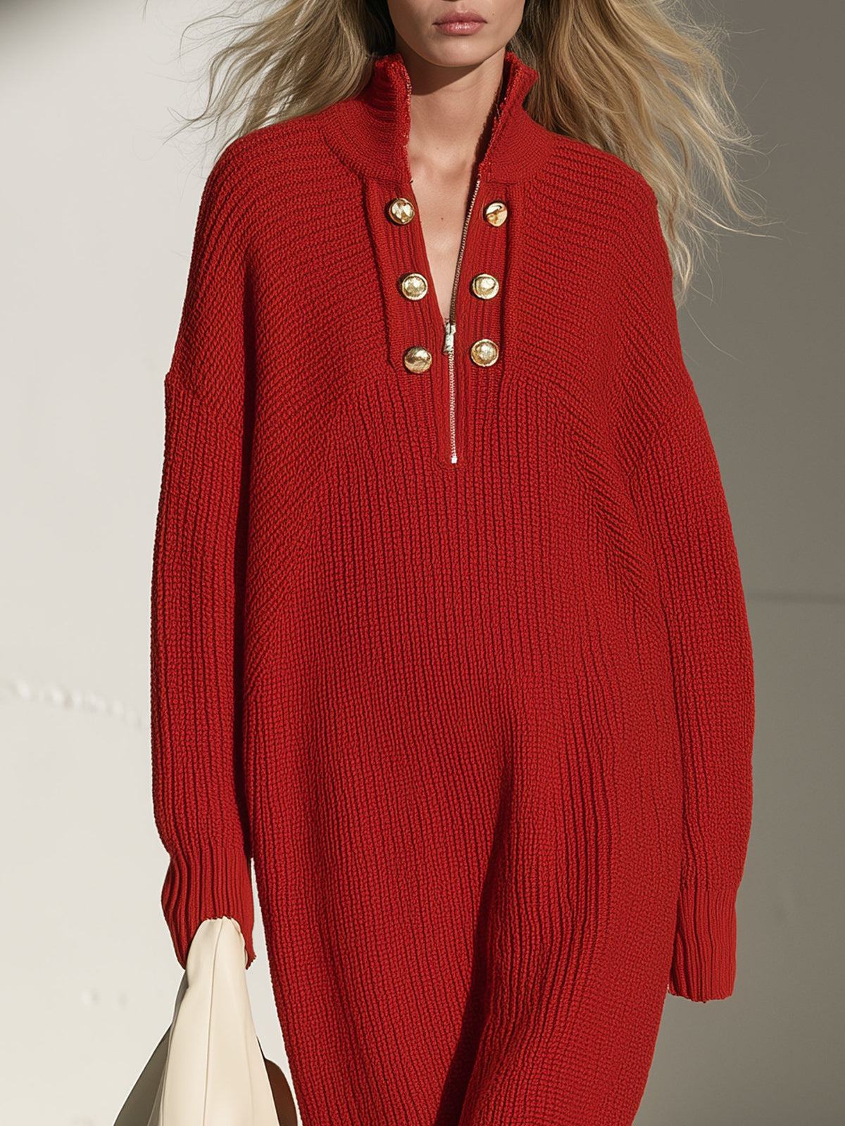 Fashionable Retro Gold Button Half-zip Red Knit Midi Dress