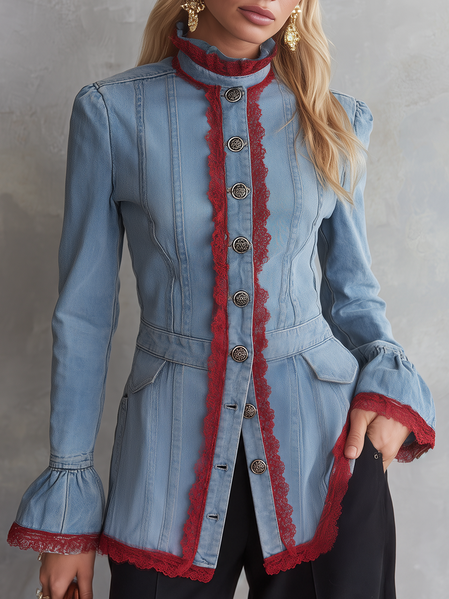 Victorian Western Lace Trim Light Wash Denim Womens Jacket