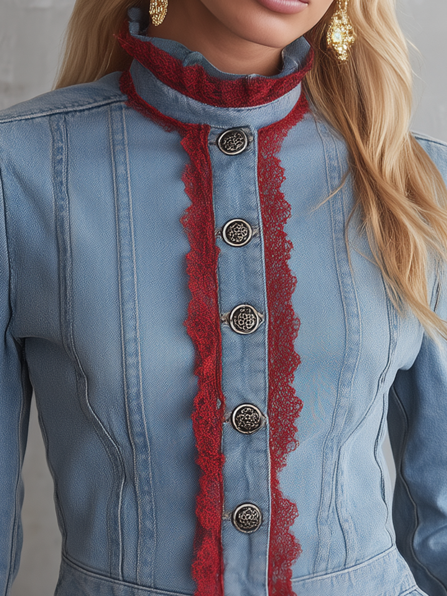 Victorian Western Lace Trim Light Wash Denim Womens Jacket