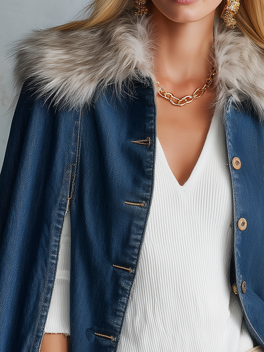 Glam Western Faux Fur Trim Denim Button Womens Cape