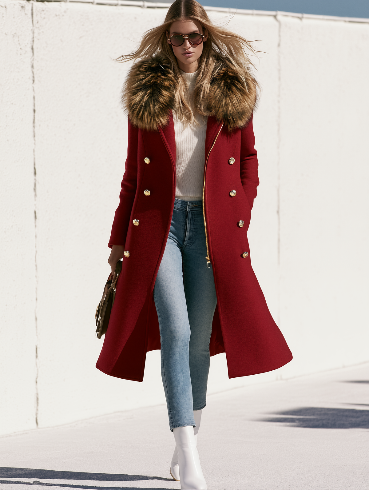 Fashionable Retro Faux Fur Collar Zipper Button Burgundy Long Coat