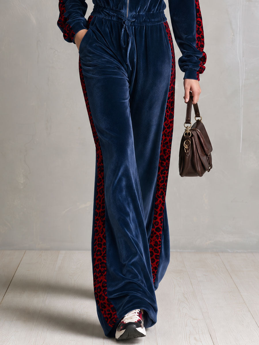 Casual Retro Color-blocked Faux Fur Collar And Leopard Print Trim Blue Velvet Jumpsuit