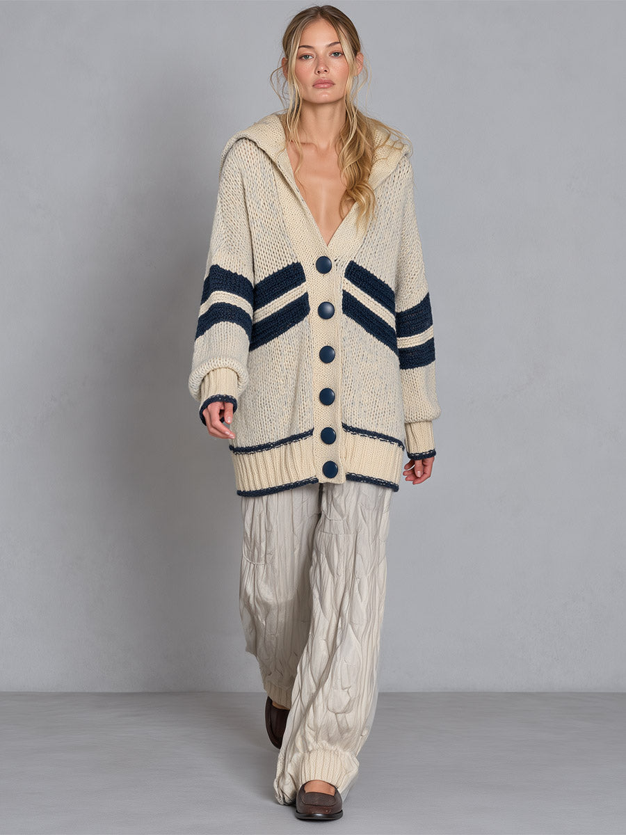 Navy Herringbone-Stripe Oversized Chunky-Knit Hooded Cardigan