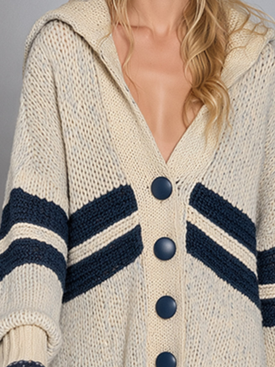 Navy Herringbone-Stripe Oversized Chunky-Knit Hooded Cardigan