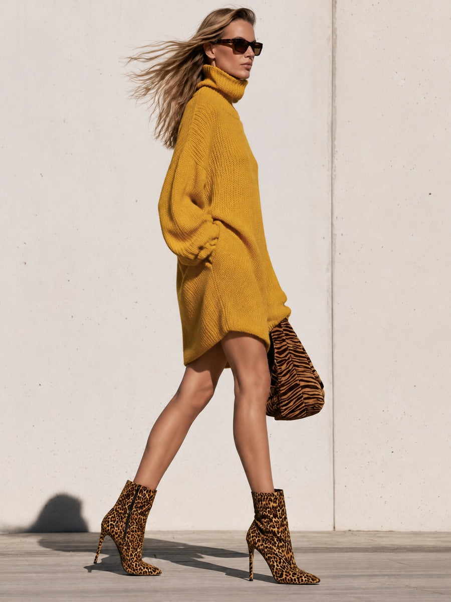 Oversized Turtleneck Mustard Yellow Knitted Long-sleeved Mini Dress