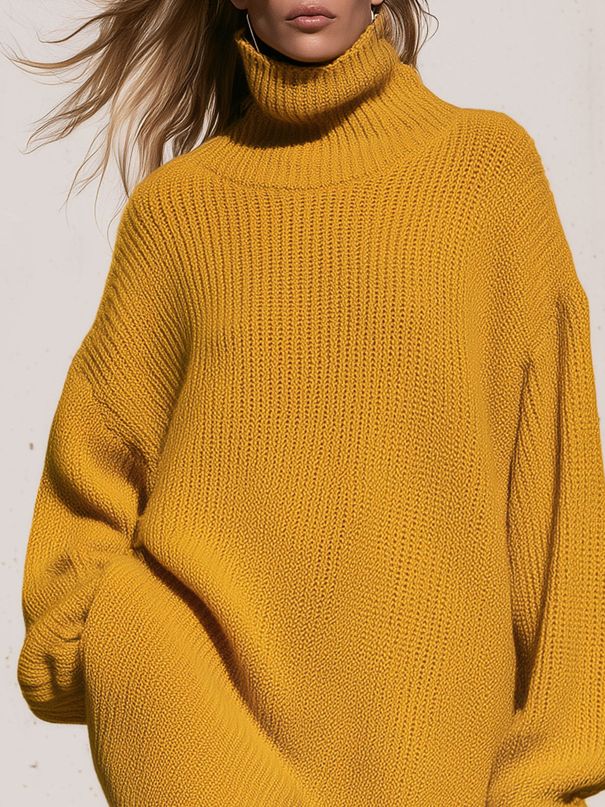Oversized Turtleneck Mustard Yellow Knitted Long-sleeved Mini Dress