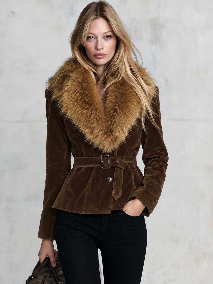 Retro-chic Faux Fur Collar Brown Faux Suede Single-breasted Belted Coat