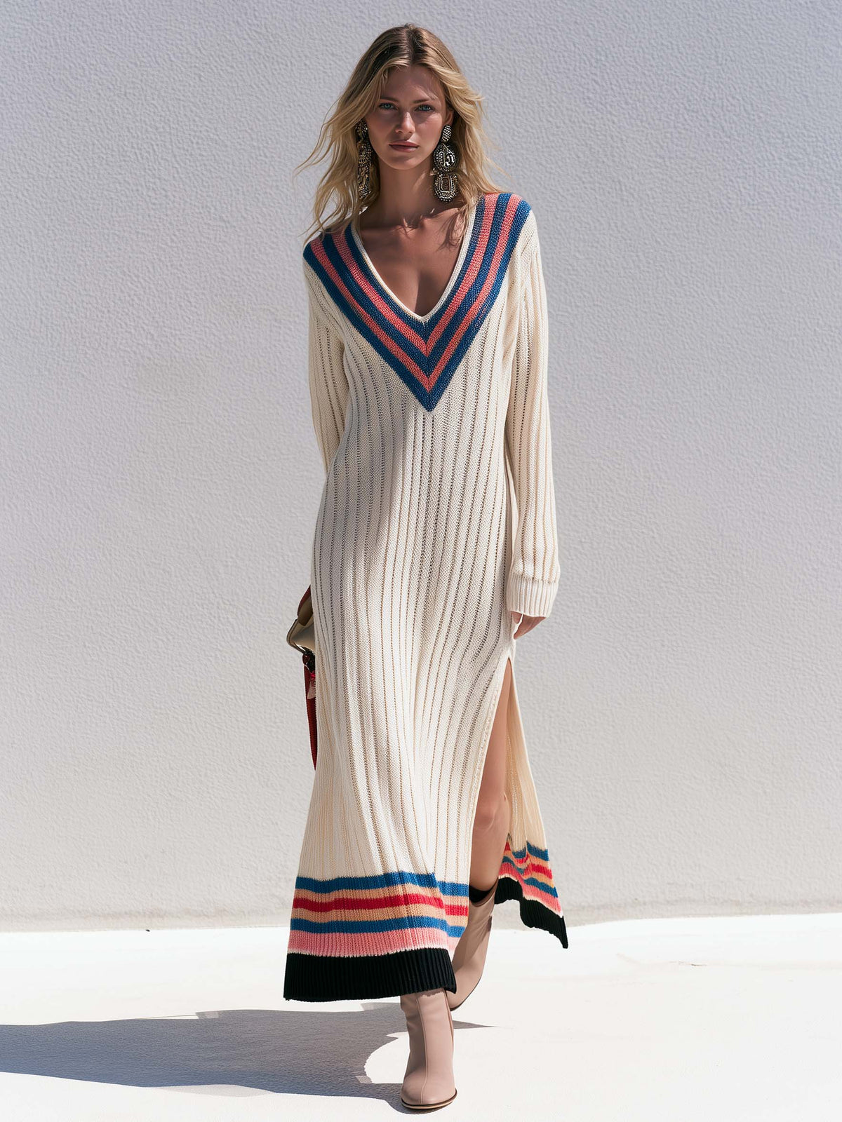 Retro Sporty Cream Varsity Stripe V-Neck Ribbed Knit Side Slit Sweater Maxi Dress