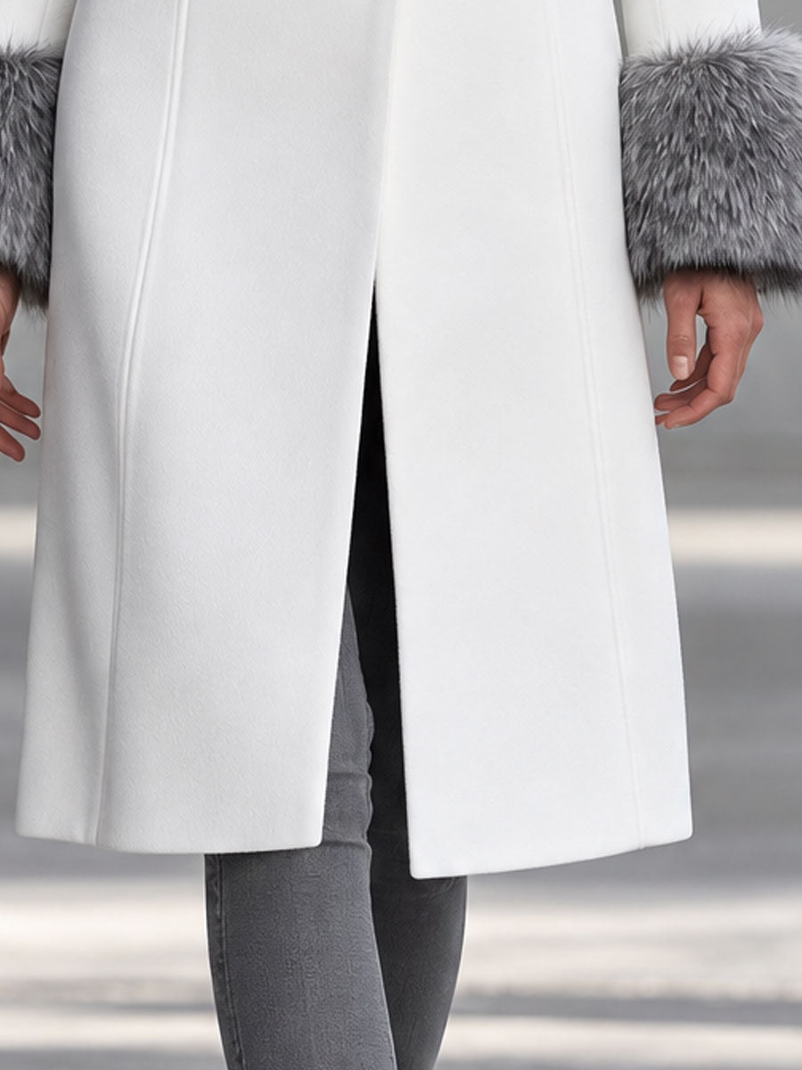Retro Chic Faux Fur Collar White Single-breasted Wool Blend Coat