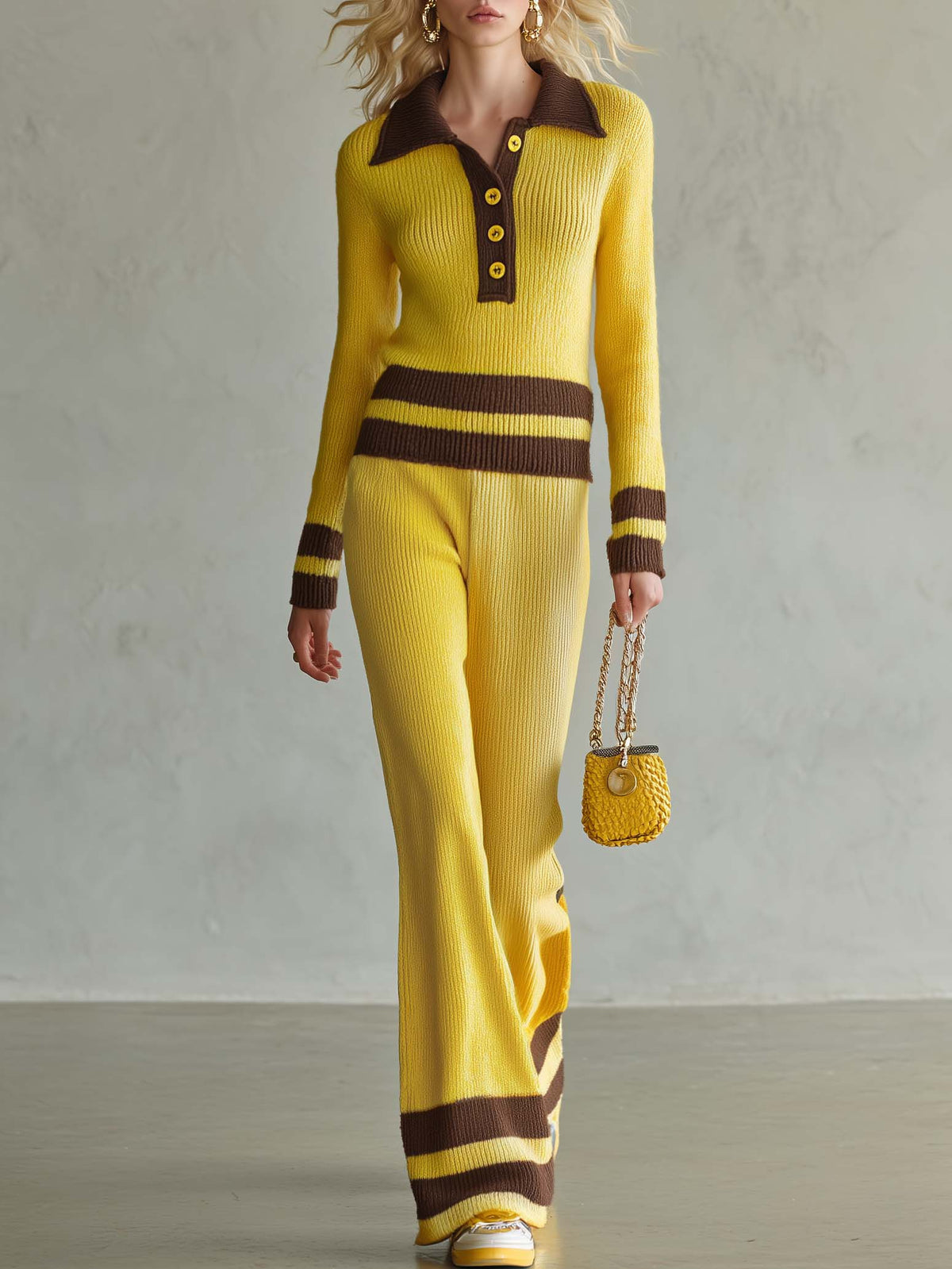 Retro Yellow Striped Polo Collar Knit Top Wide-Leg Pants Matching Sweater Set