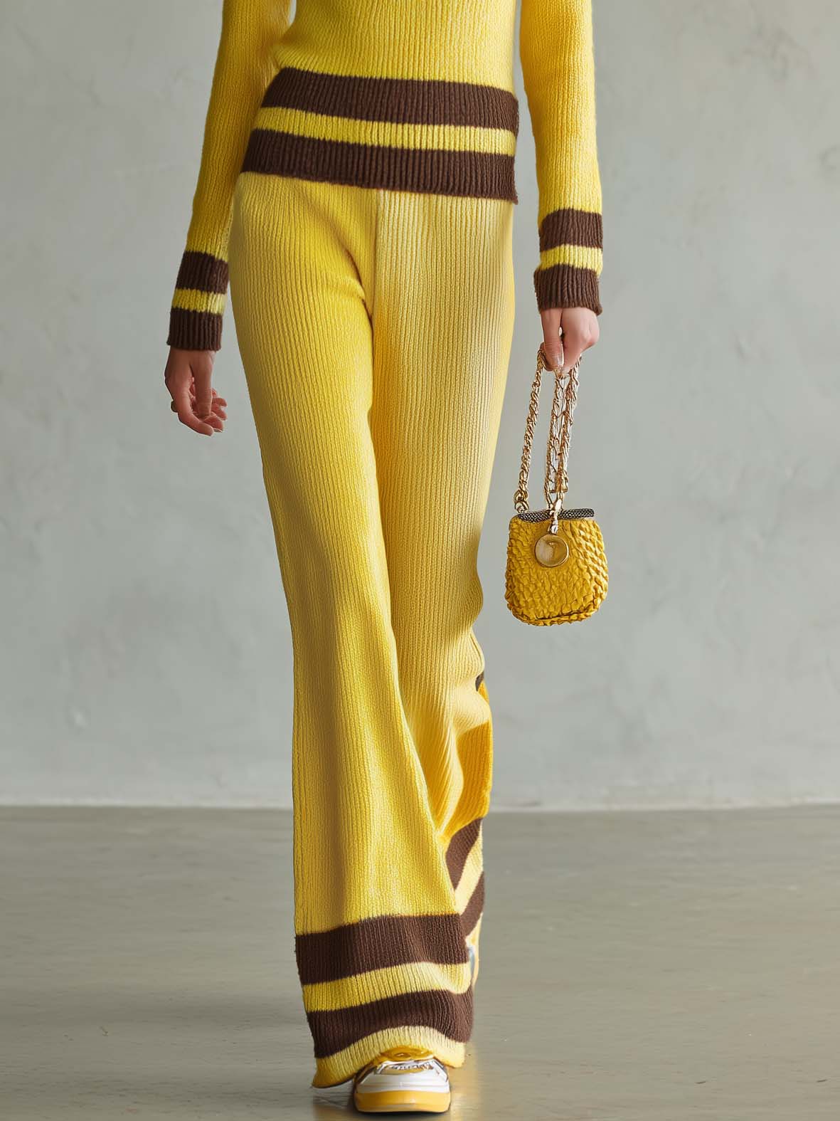 Retro Yellow Striped Polo Collar Knit Top Wide-Leg Pants Matching Sweater Set