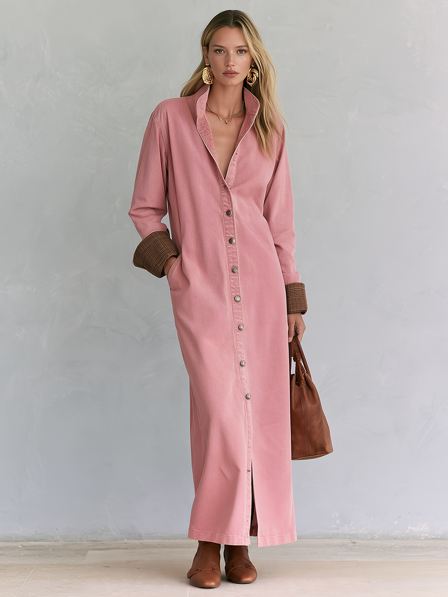 Casual Vintage Pink Button Front Long Shirt Dress