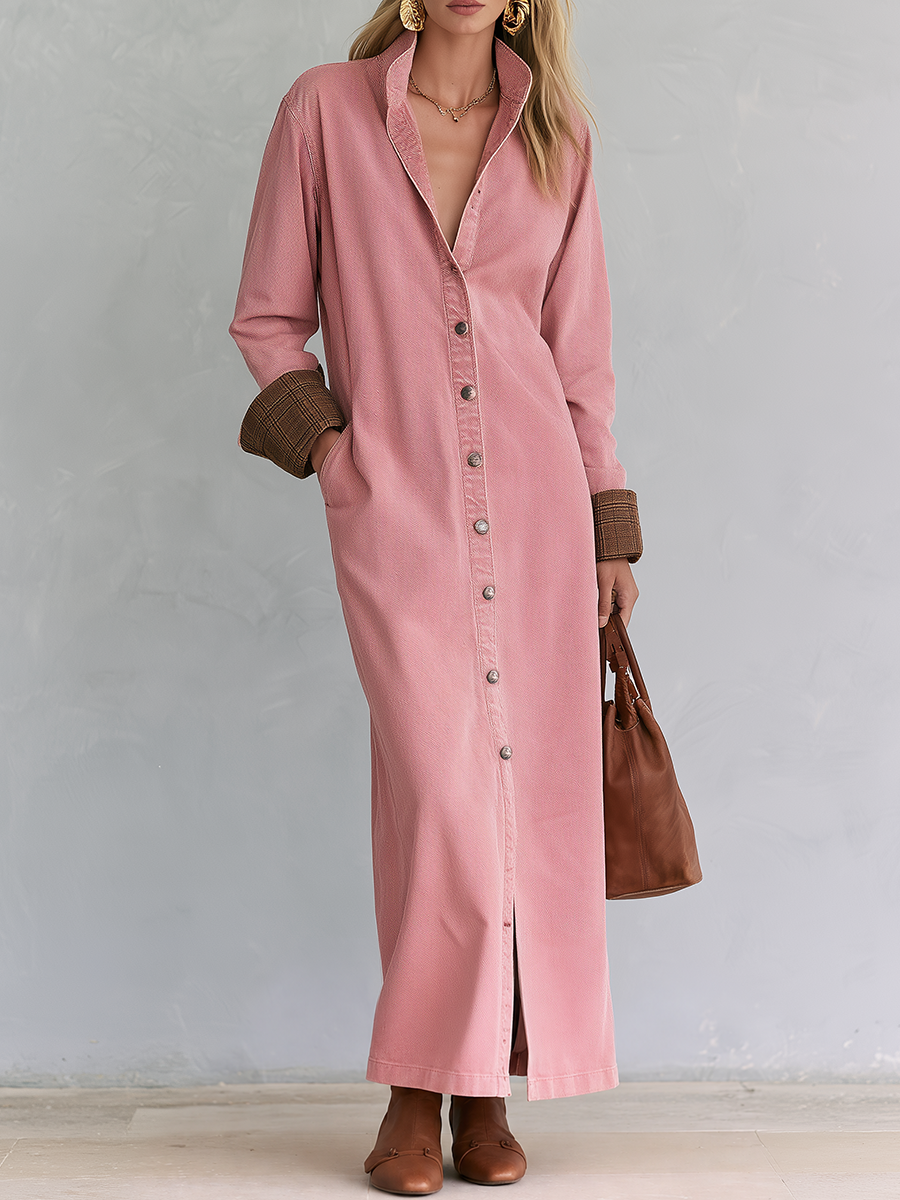 Casual Vintage Pink Button Front Long Shirt Dress