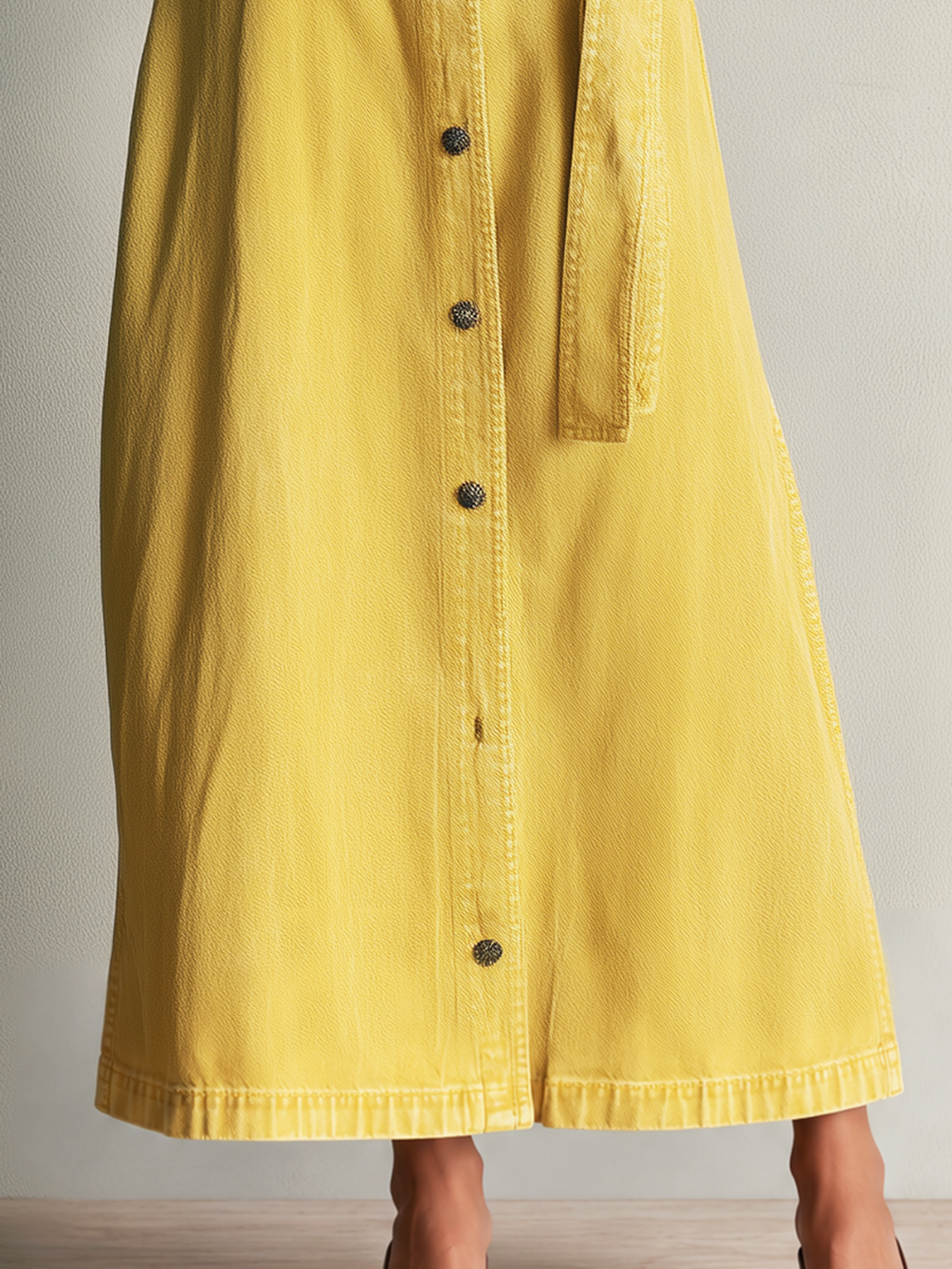 Modern Western Yellow Belted Button Front Denim Maxi Dress