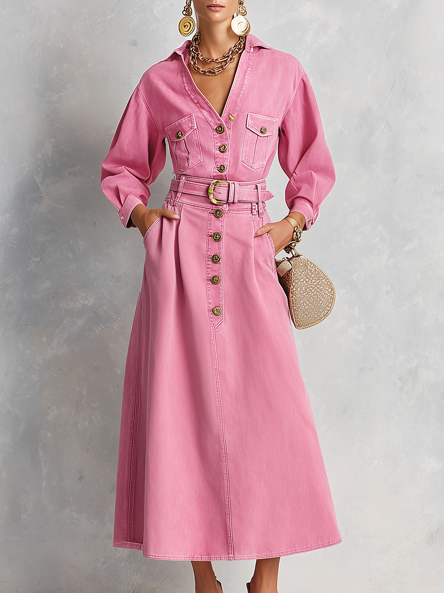 Retro Western Pink Belted Button Front Denim Midi Dress