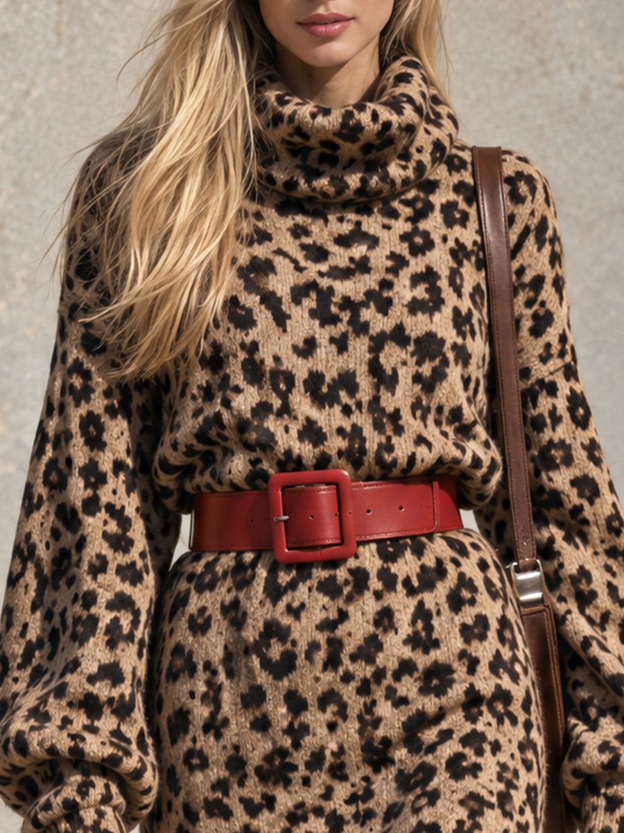 Stylish Retro Color-blocked Belt Brown Leopard Print Turtleneck Knit Mini Dress