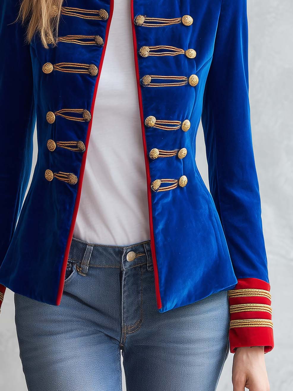 Vintage Military Royal Blue Velvet Gold Braided Frog Button Band Jacket