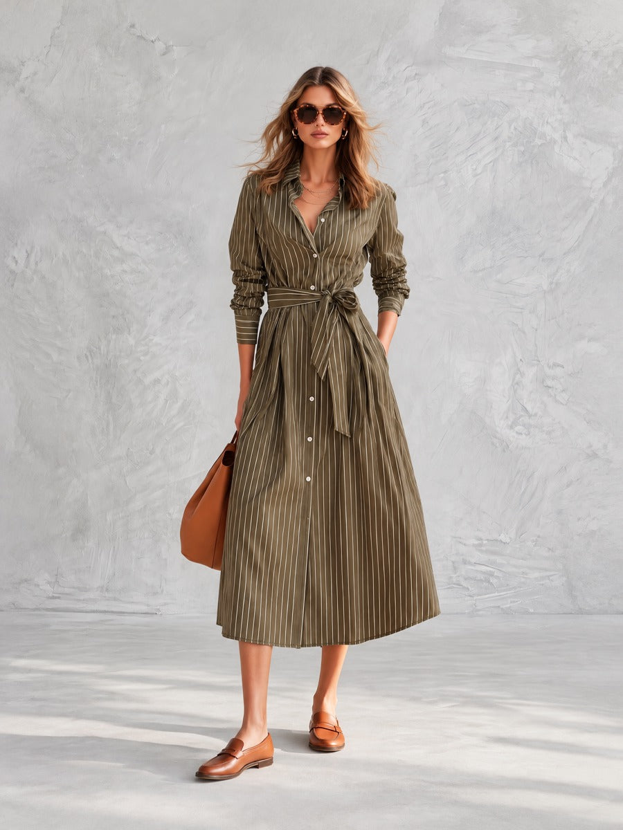 Olive Green Pinstripe Long Sleeve Button-Front Belted Midi Dress