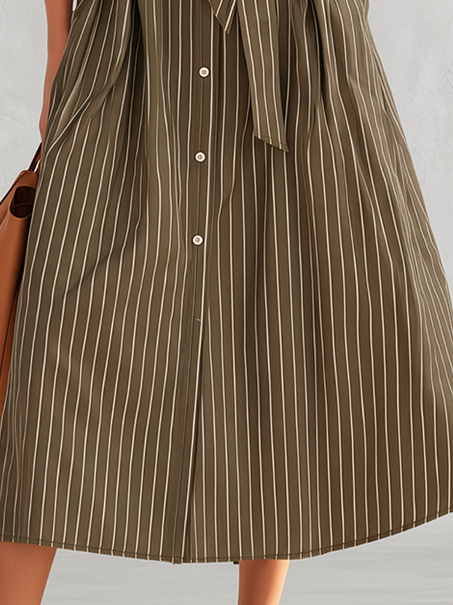 Olive Green Pinstripe Long Sleeve Button-Front Belted Midi Dress