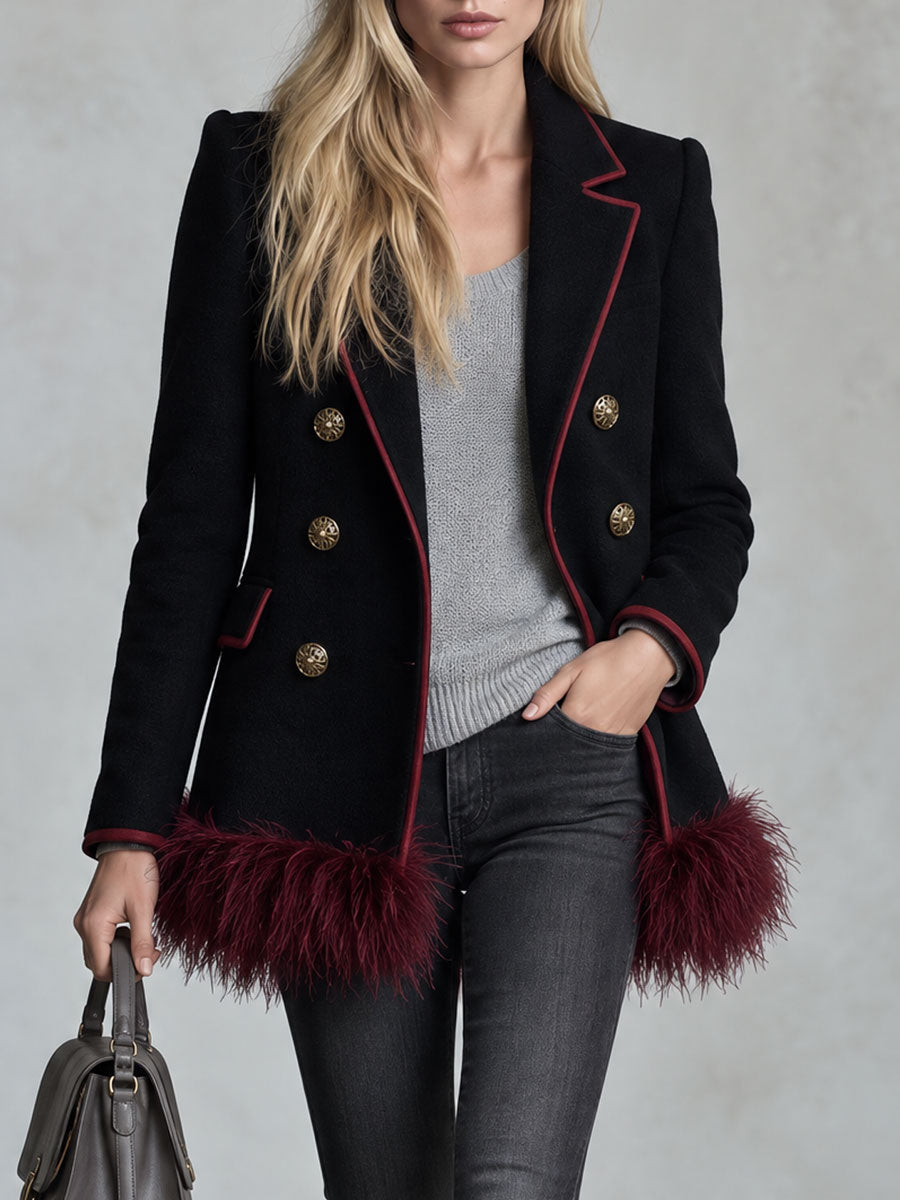 Fashionable Retro Burgundy Faux Feather Hem Black Wool Blend Coat