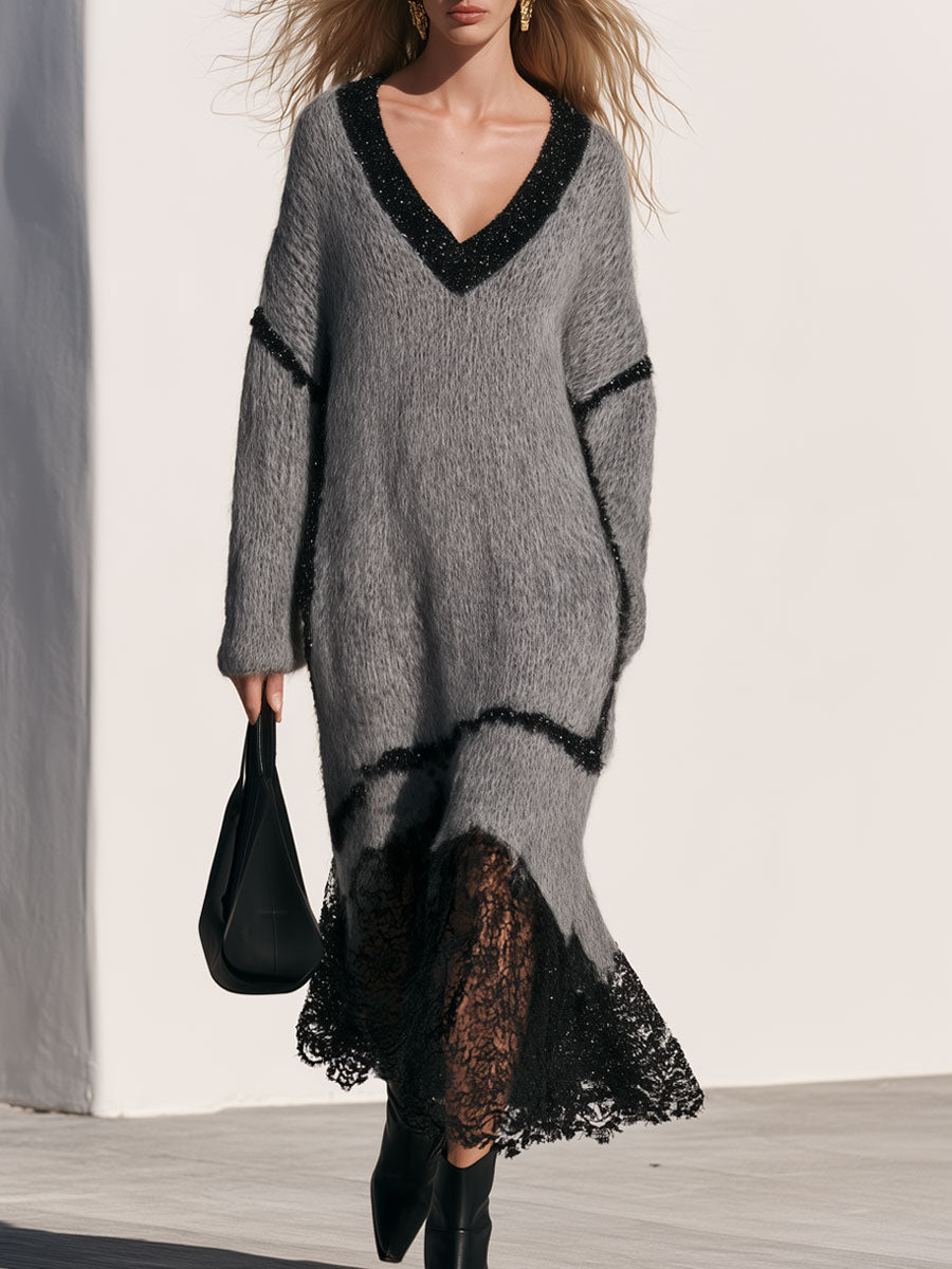 Loose-fitting V-neck Shimmering Lace Grey Mohair Knit Midi Dress