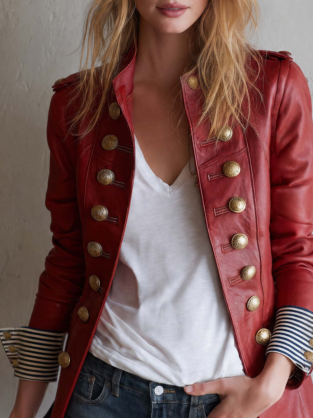 Vintage Military Red Faux Leather Gold Button Stand Collar Striped Cuff Jacket