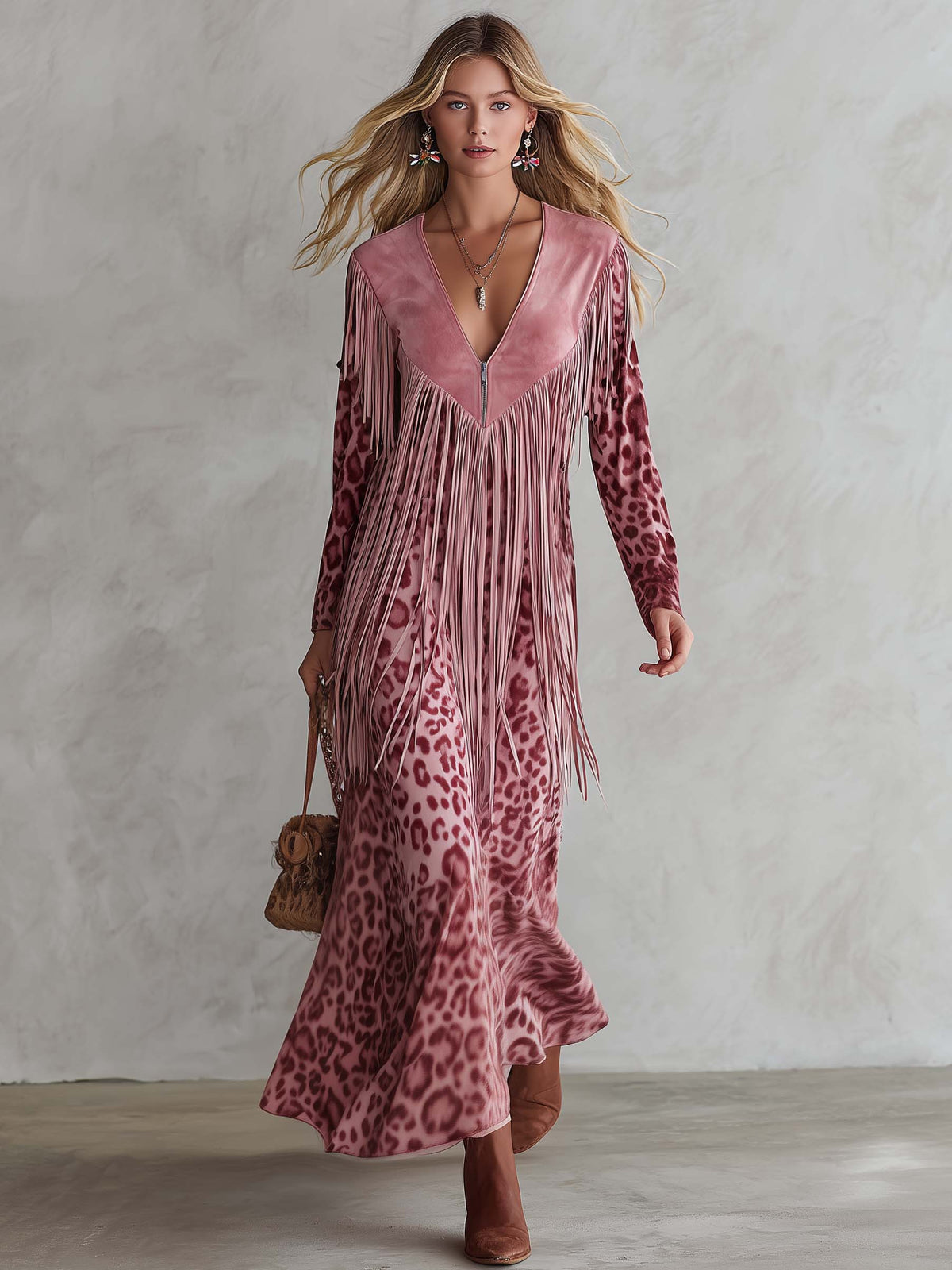 Urban West Boho Pink Leopard Print Faux Suede Fringe V-Neck Long Sleeve Maxi Dress