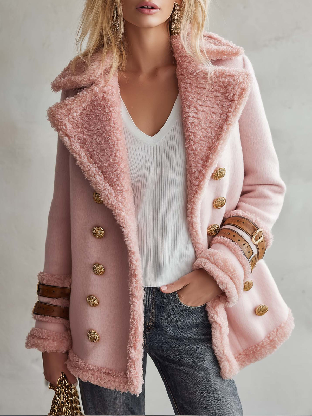 Vintage Blush Pink Faux Shearling Double-Breasted Gold Button Buckle Cuff Peacoat